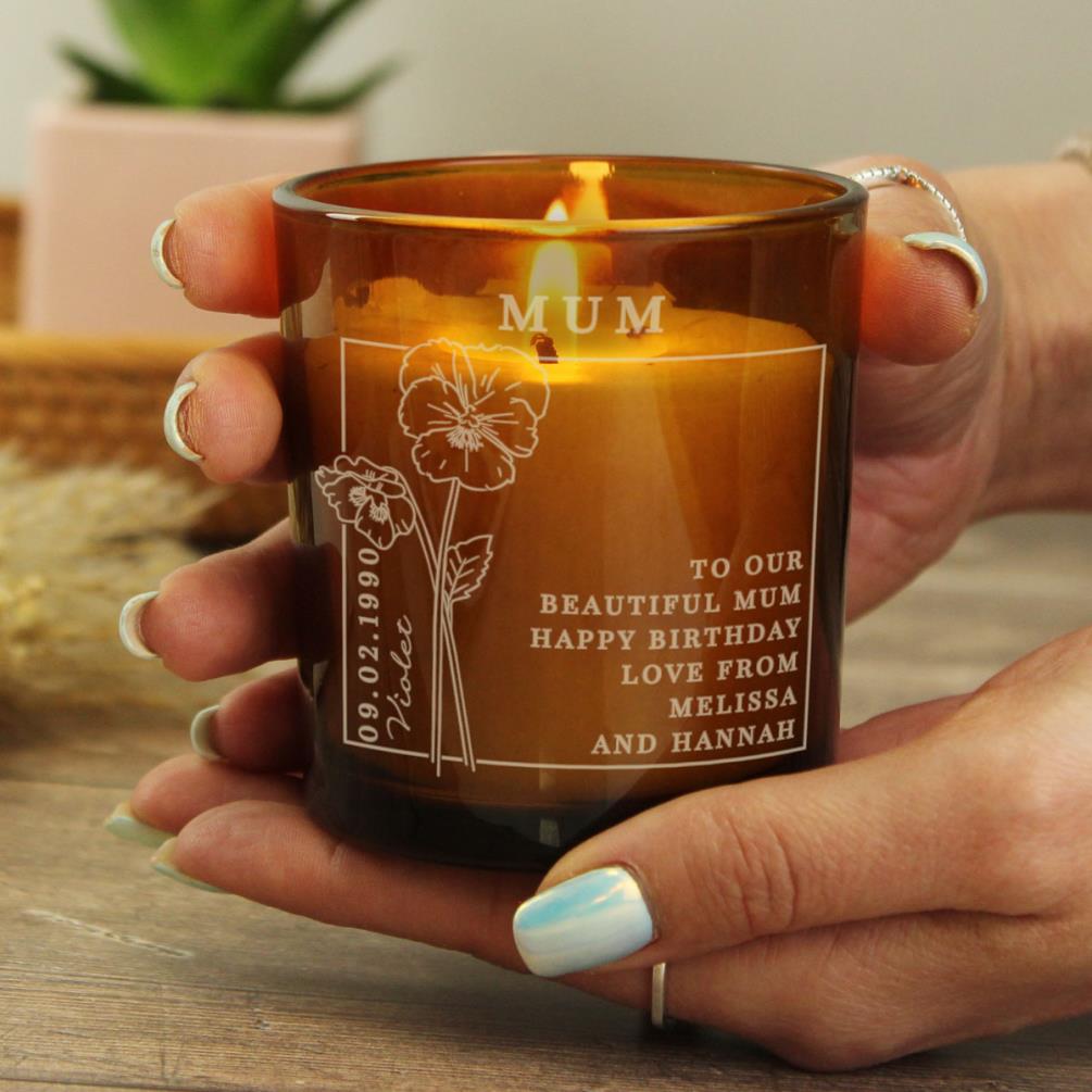 Personalised February Violet Birth Flower Amber Glass Jar Candle Extra Image 3